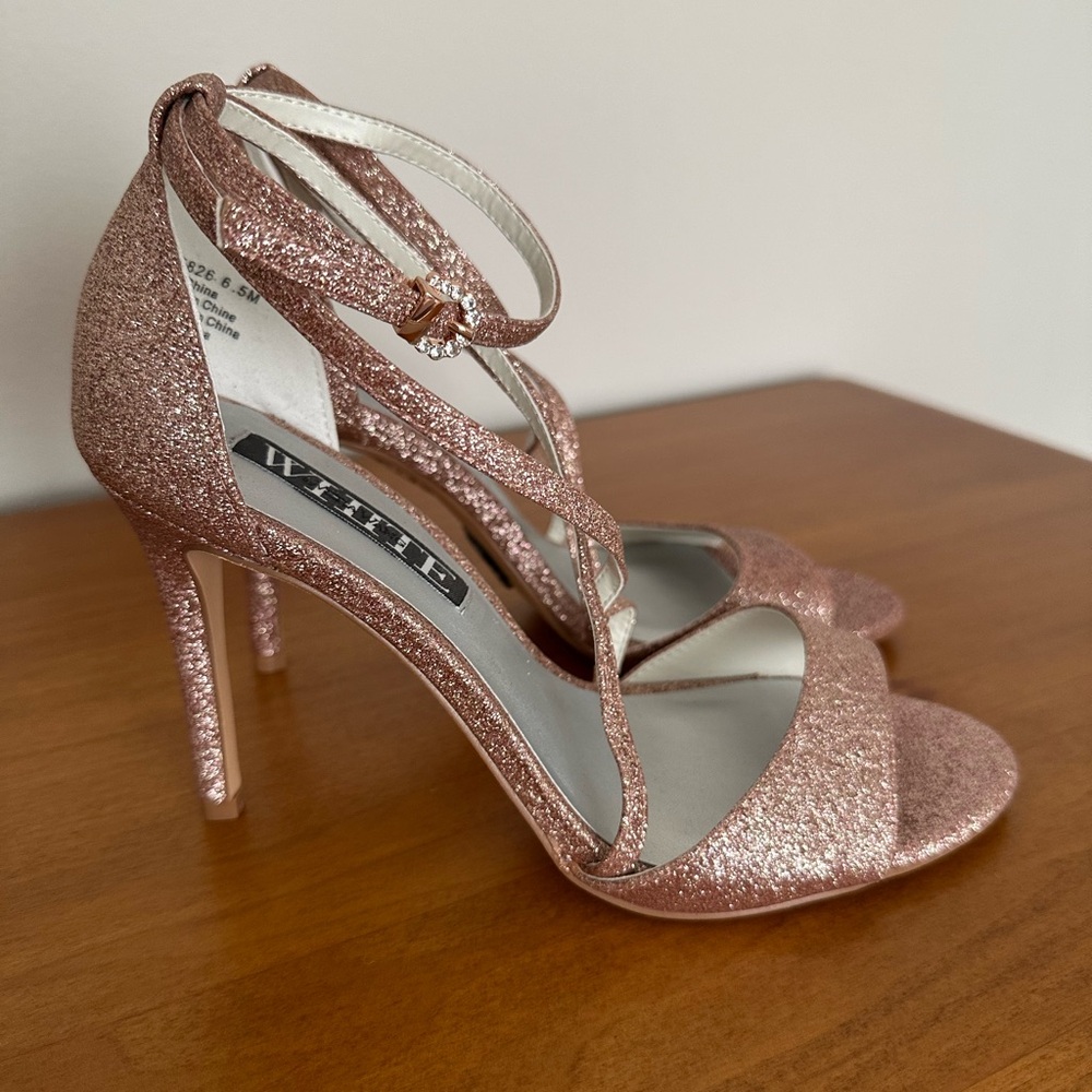 Vera Wang Rose Gold Glitter Strappy Heels